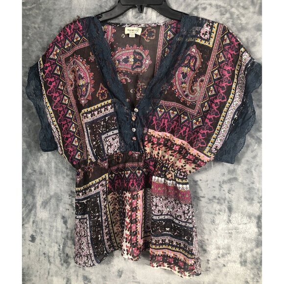 One World Woman's Shirt V-neck Blouse Elastic Waist Short Sleeve Adult Large - Picture 9 of 16